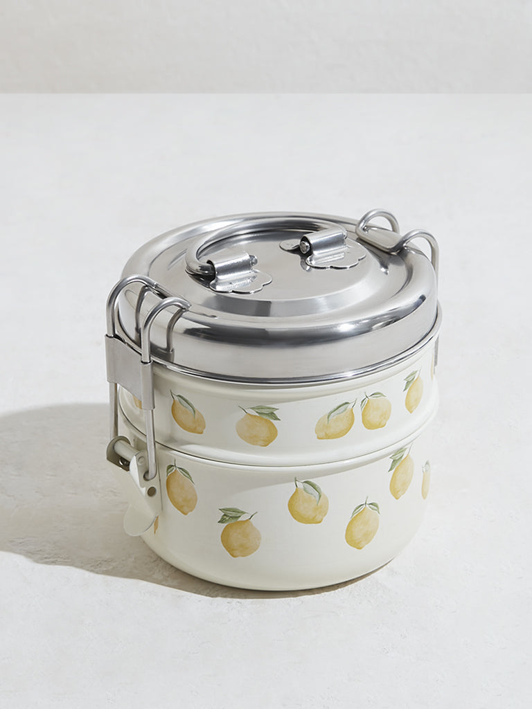 Westside Home Lemon Yellow Foliage Printed Two Tier Dabba