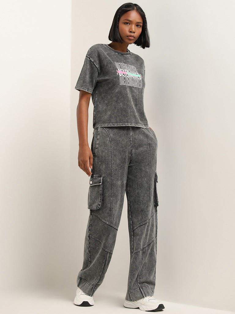 Studiofit Black Faded Mid-Rise Cotton Track Pants