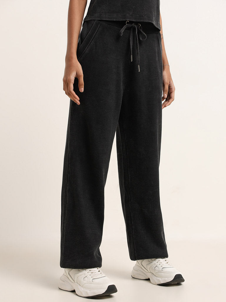 Studiofit Black Waffle Textured High-Rise Cotton Track Pants