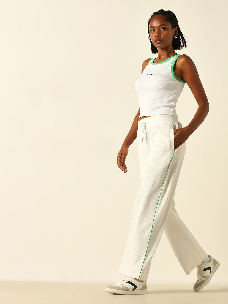 Studiofit White Ribbed Mid-Rise Cotton Blend Track Pants