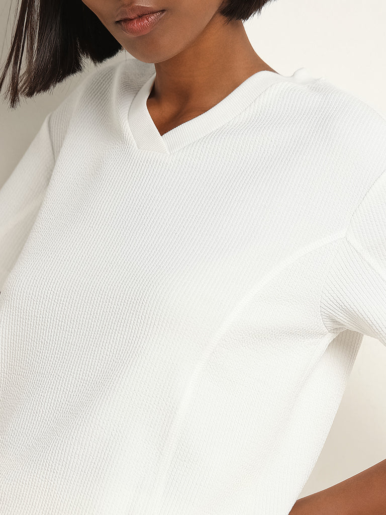 Studiofit White Textured Cotton Blend T-Shirt