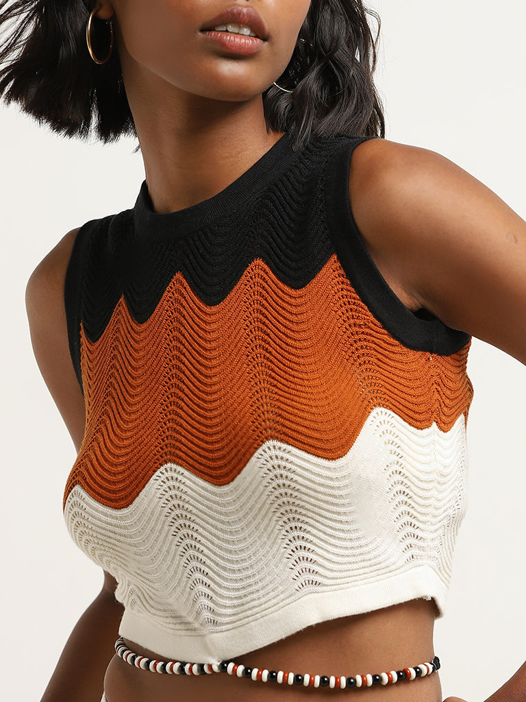 Nuon Multicolour Colour Blocked Knitted Crop Cotton Top