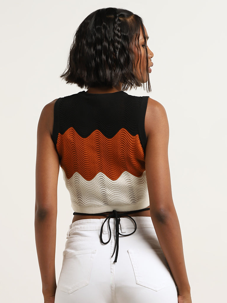 Nuon Multicolour Colour Blocked Knitted Crop Cotton Top