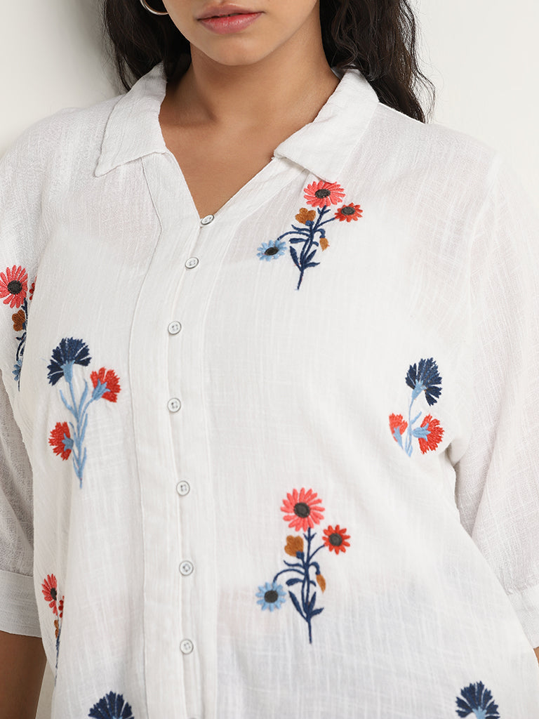 Gia Off-White Floral Embroidered High-Low Shirt