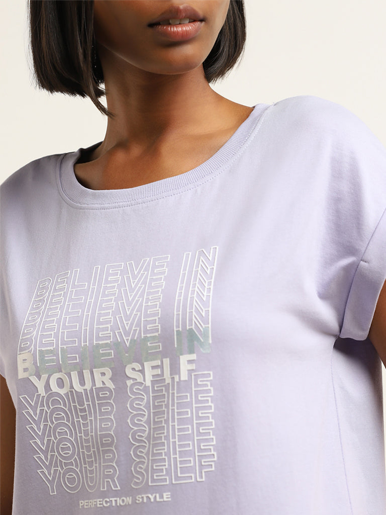 Studiofit Lilac Text Design Cotton T-Shirt