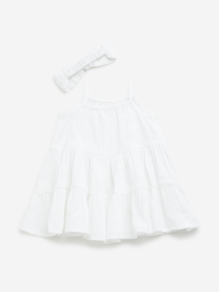 HOP Baby White Floral Tiered Cotton Dress & Headband Set