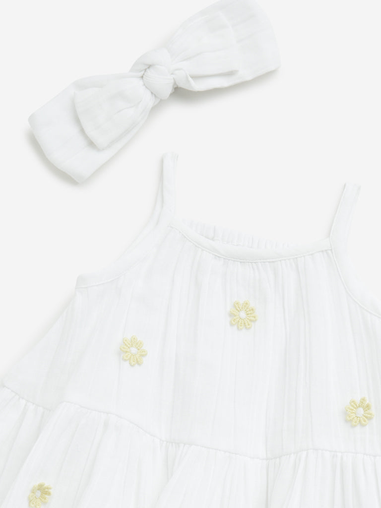 HOP Baby White Floral Tiered Cotton Dress & Headband Set