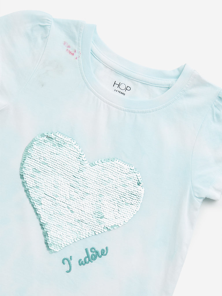 HOP Kids Mint Heart Sequin Design Cotton T-Shirt