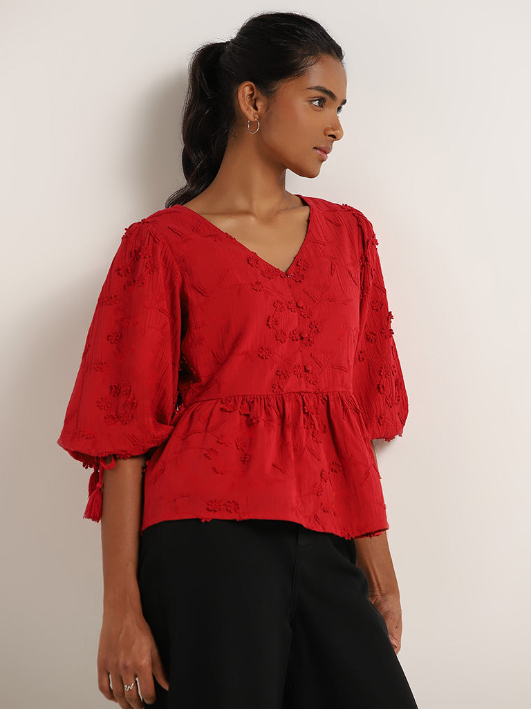 LOV Red Embroidered Cotton Top