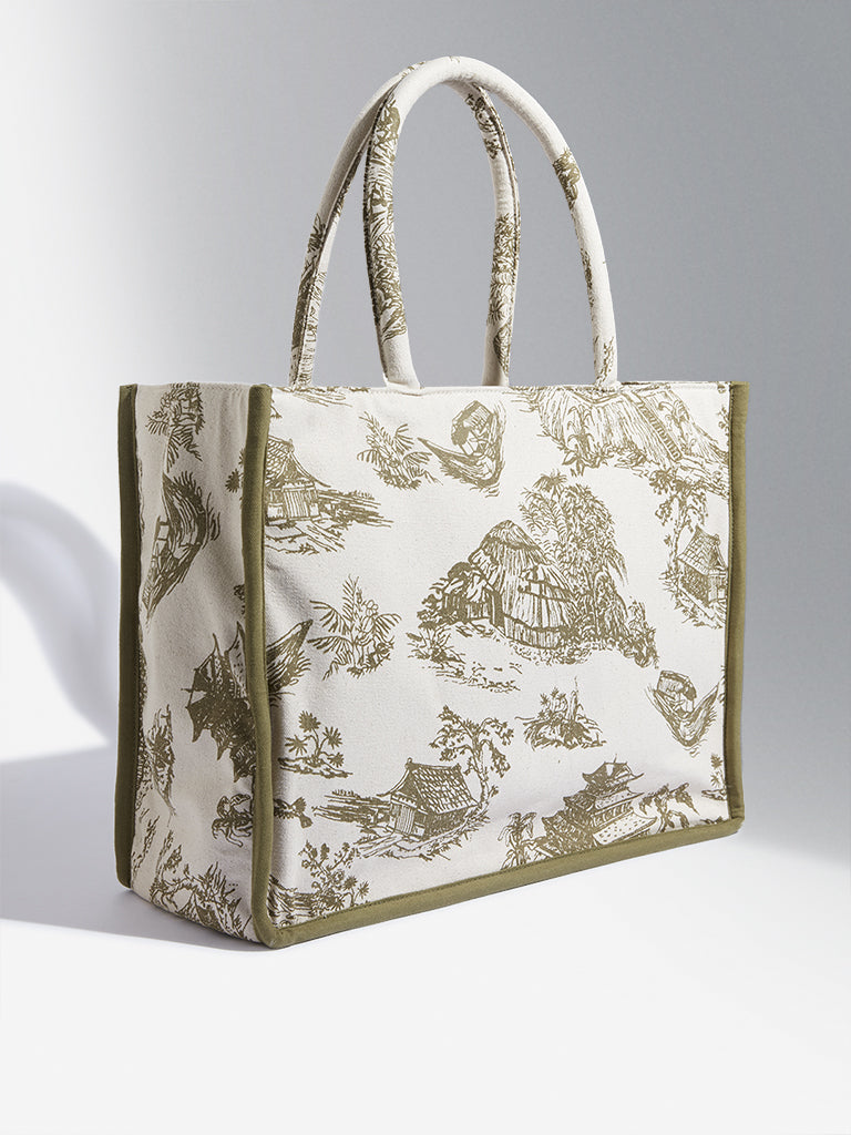 Westside Accessories Olive and Beige Chinese House Inspired Tote Bag