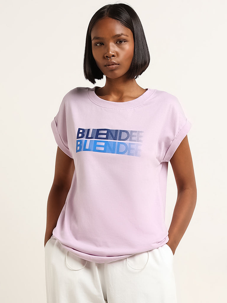 Studiofit Lavender Text Printed Cotton T-Shirt