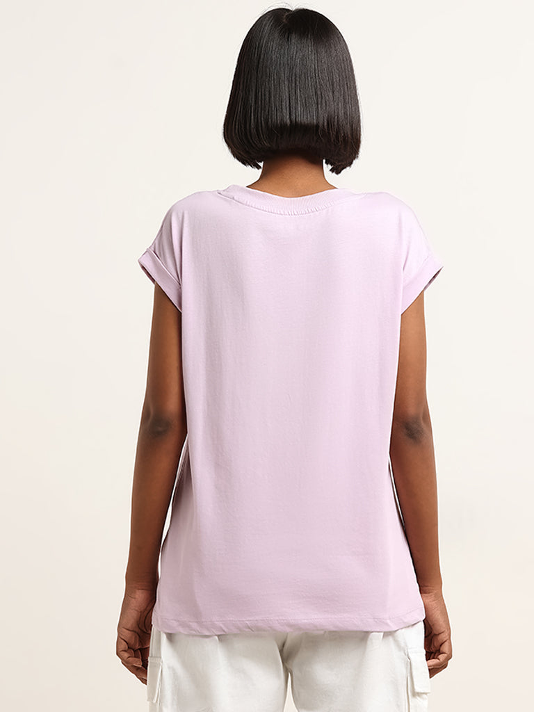 Studiofit Lavender Text Printed Cotton T-Shirt