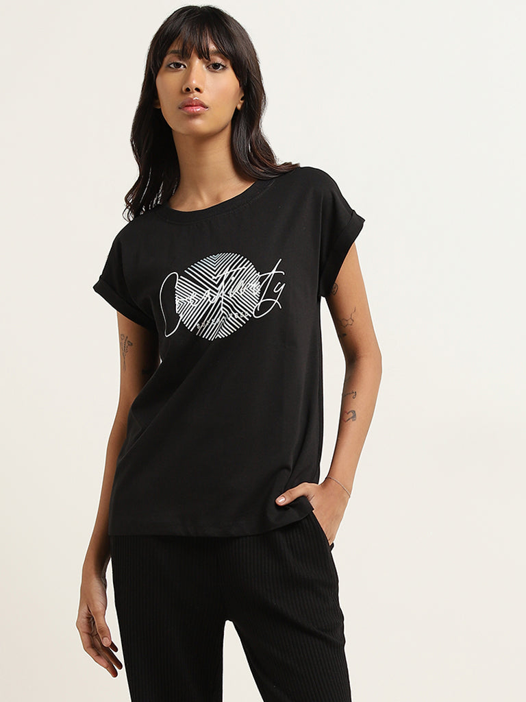 Studiofit Black Text Printed Cotton T-Shirt