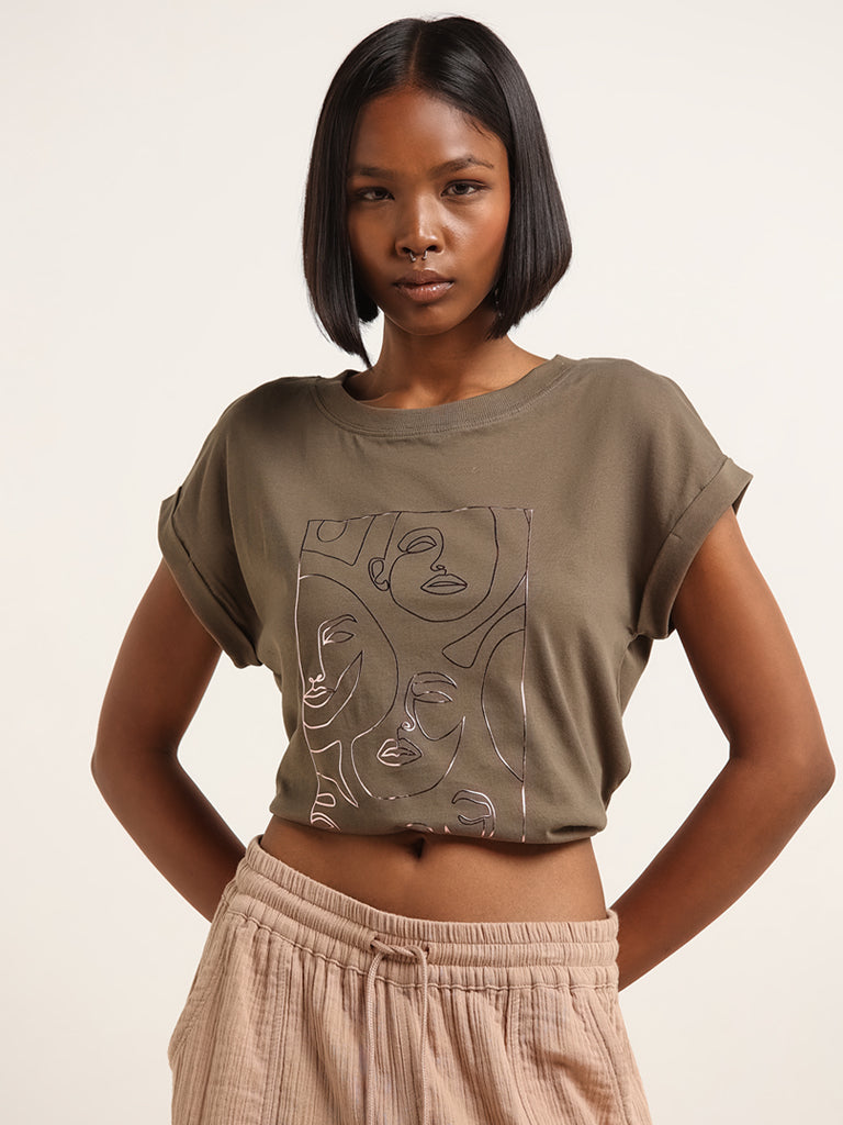 Studiofit Olive Green Face Print Cotton T-Shirt