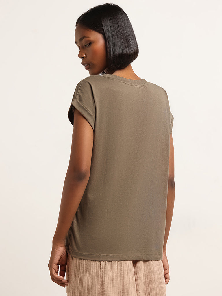 Studiofit Olive Green Face Print Cotton T-Shirt