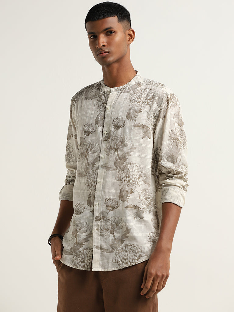 ETA Taupe Floral Print Resort Fit Shirt