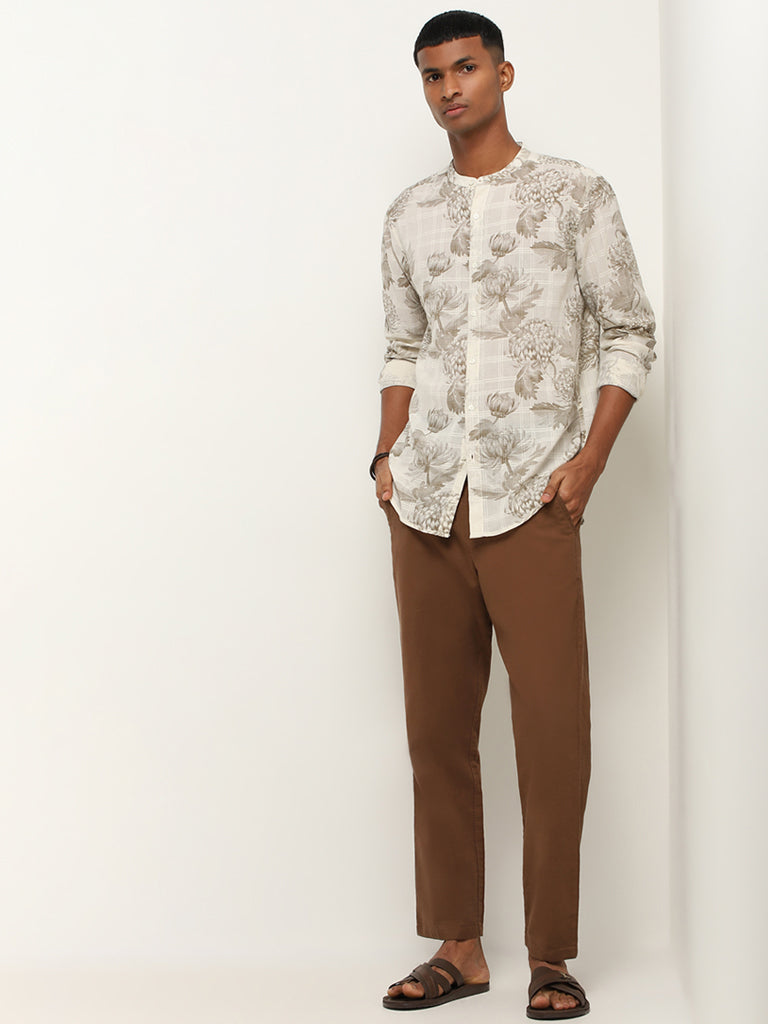 ETA Taupe Floral Print Resort Fit Shirt