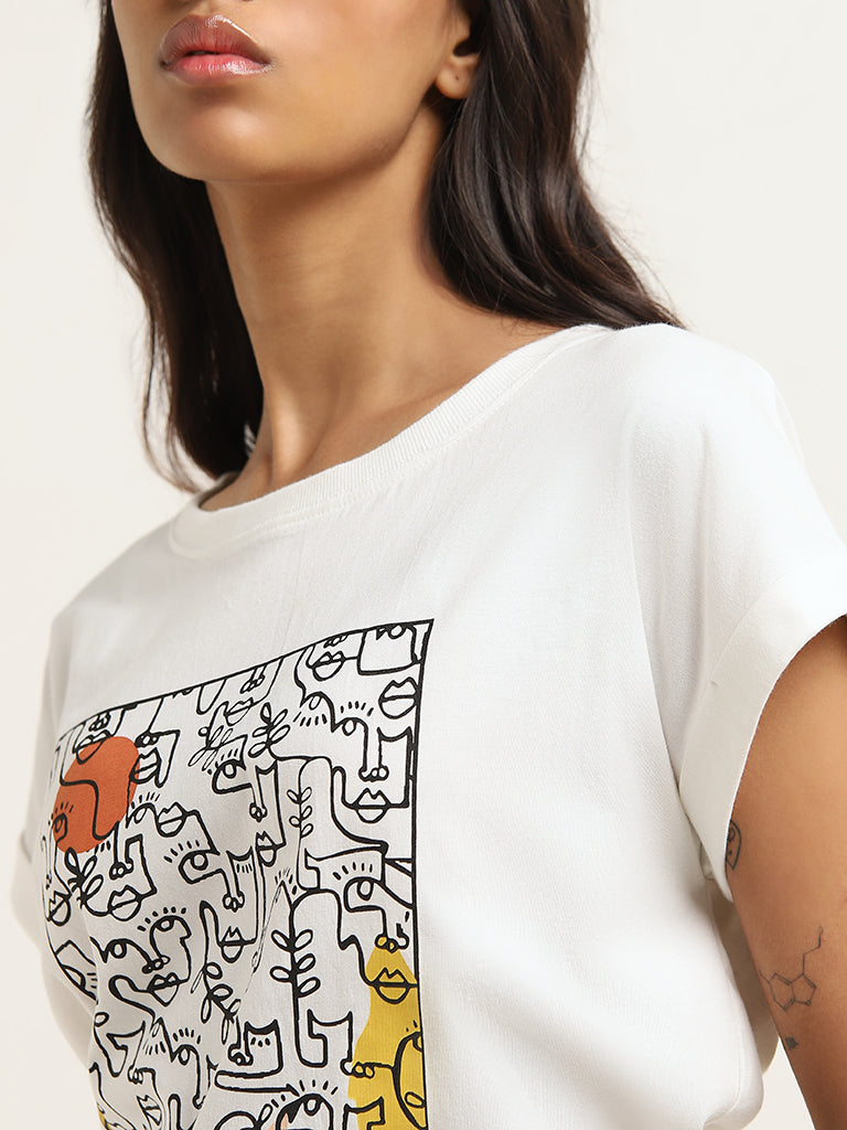 Studiofit White Abstract Printed Cotton T-Shirt