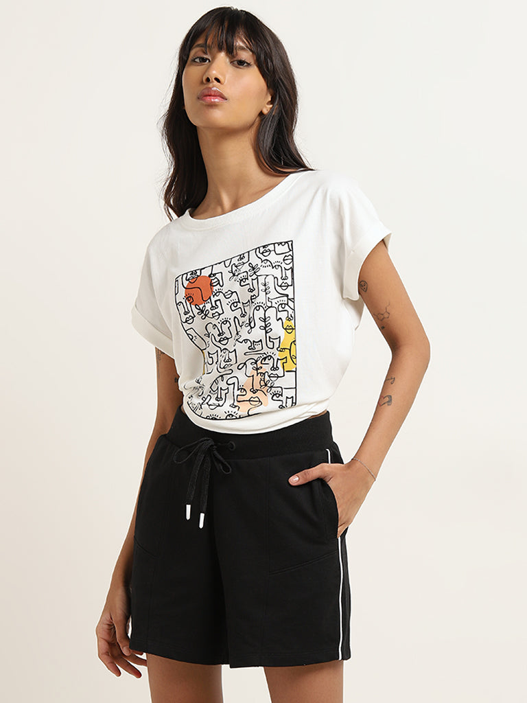 Studiofit White Abstract Printed Cotton T-Shirt