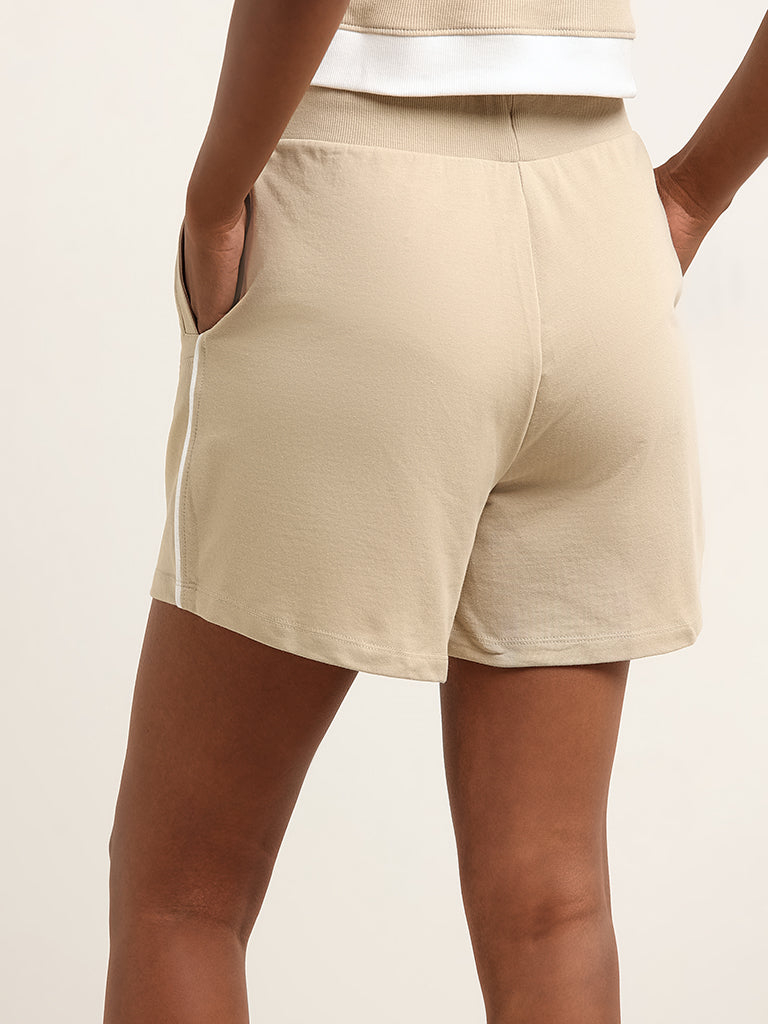 Studiofit Beige Cotton Mid Rise Shorts