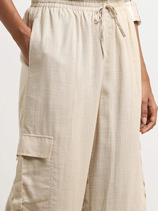 LOV Beige Flared Mid-Rise Blended Linen Pants