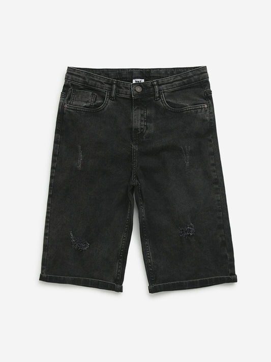 Y&F Kids Charcoal Distressed Mid-Rise Denim Shorts