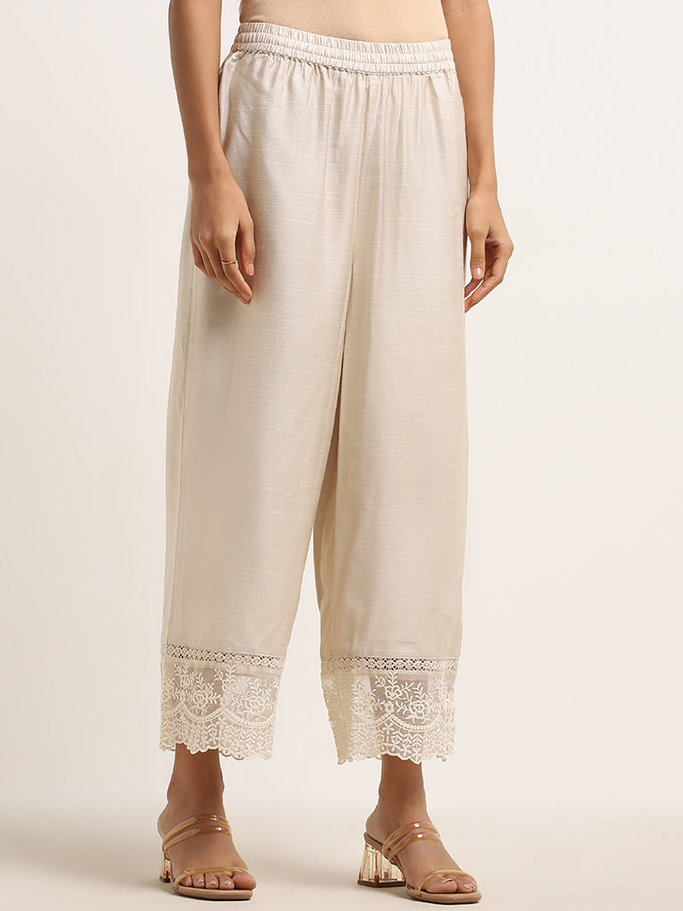 Zuba Light Beige Embroidered Mid-Rise Cotton Palazzos