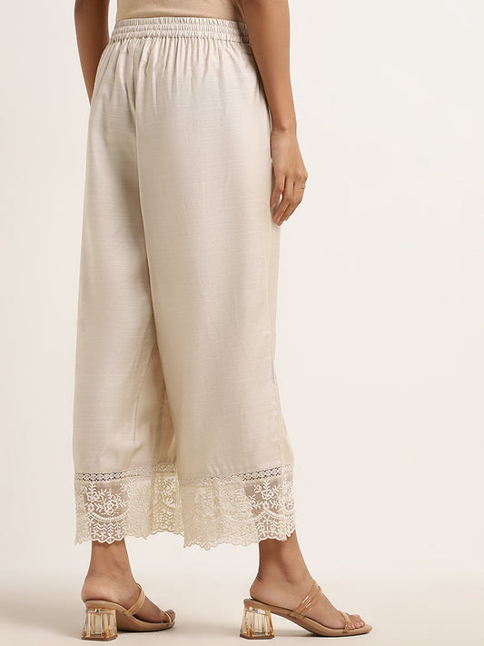 Zuba Light Beige Embroidered Mid-Rise Cotton Palazzos