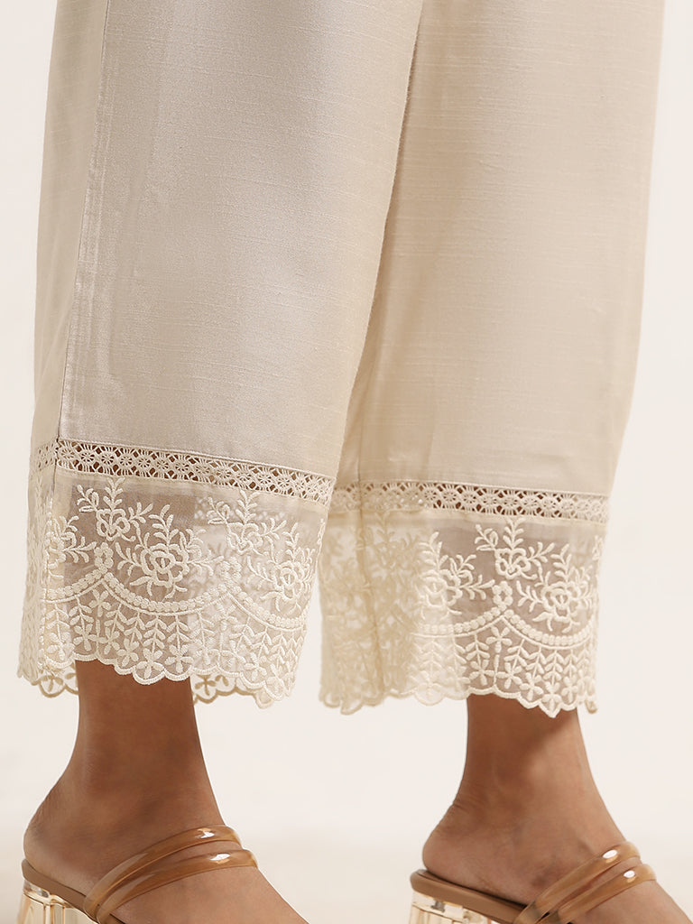 Zuba Light Beige Embroidered Mid-Rise Cotton Palazzos