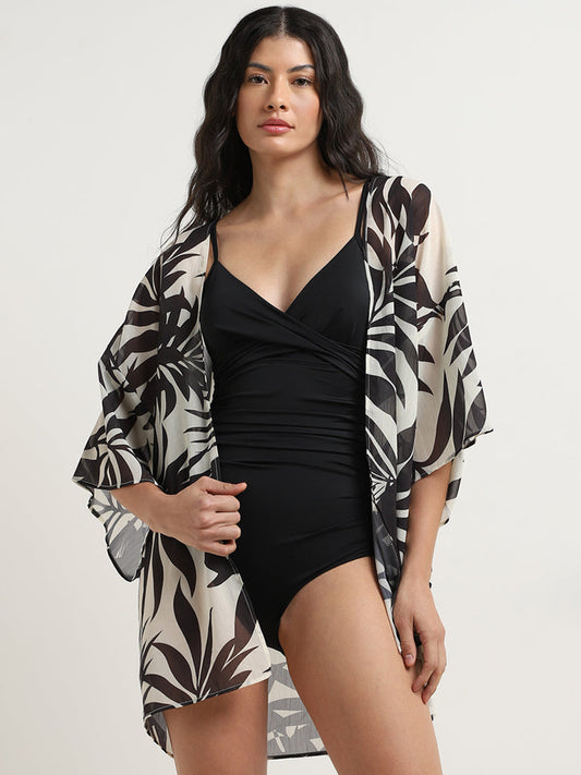 Wunderlove Black Tropical Print Swimwear Cover Up Kimono