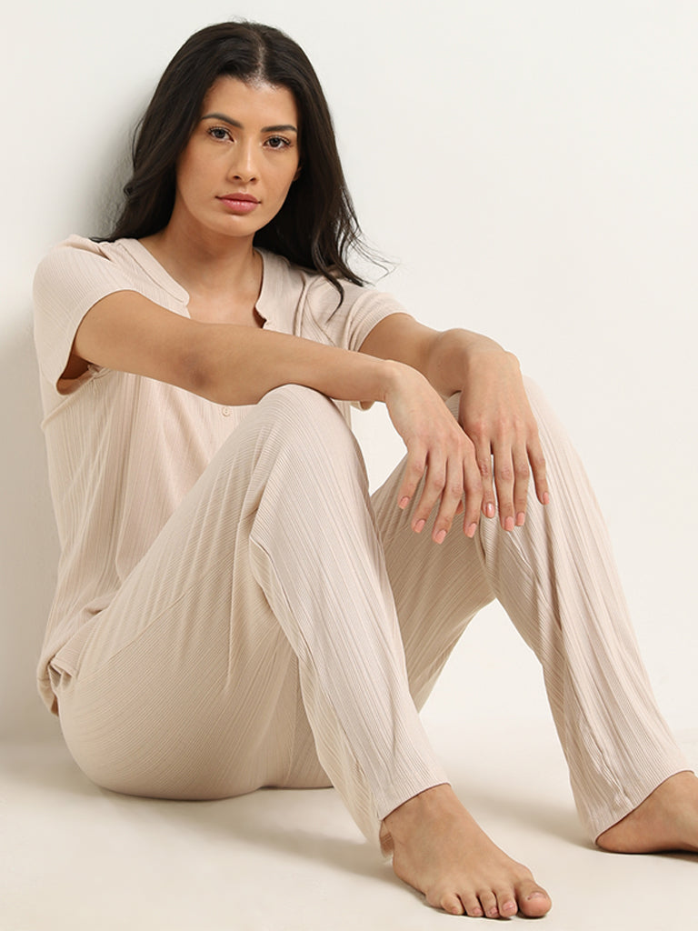 Wunderlove Beige Ribbed High-Rise Pants