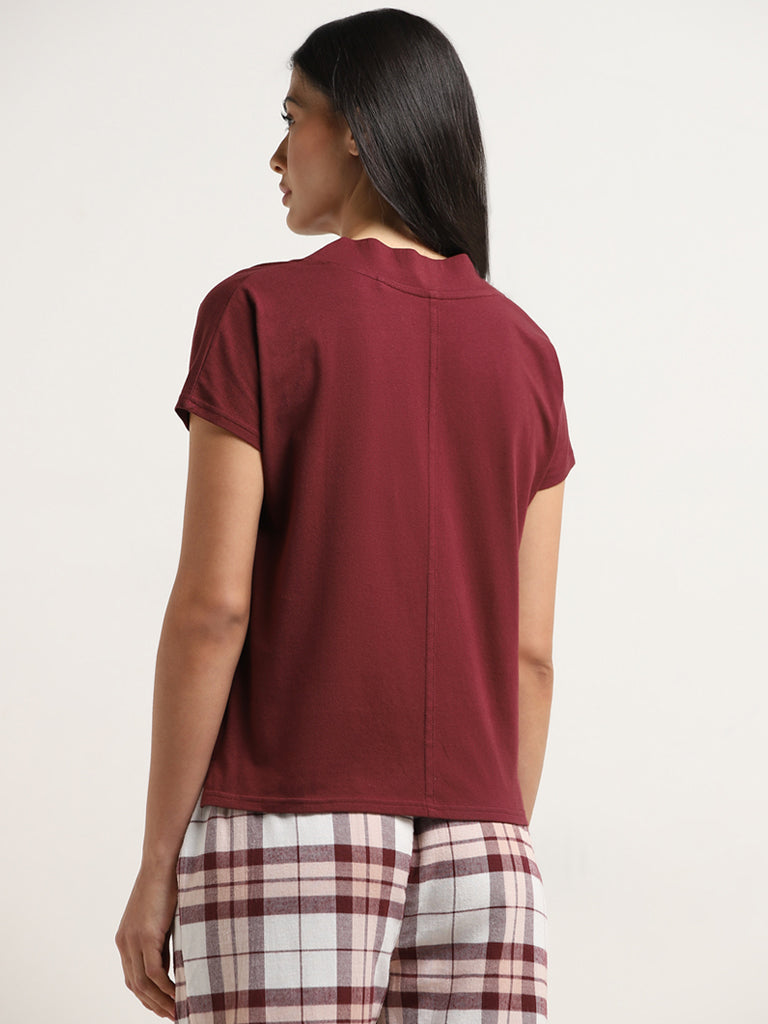 Wunderlove Maroon Solid V-Neck Cotton Top