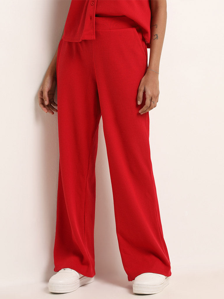 Superstar Red Ribbed High-Rise Pants