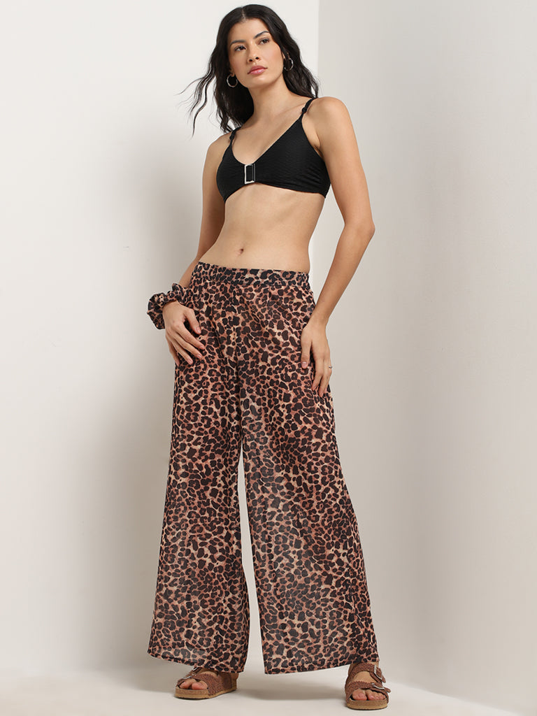 Wunderlove Brown Animal Print High-Rise Swim Pants