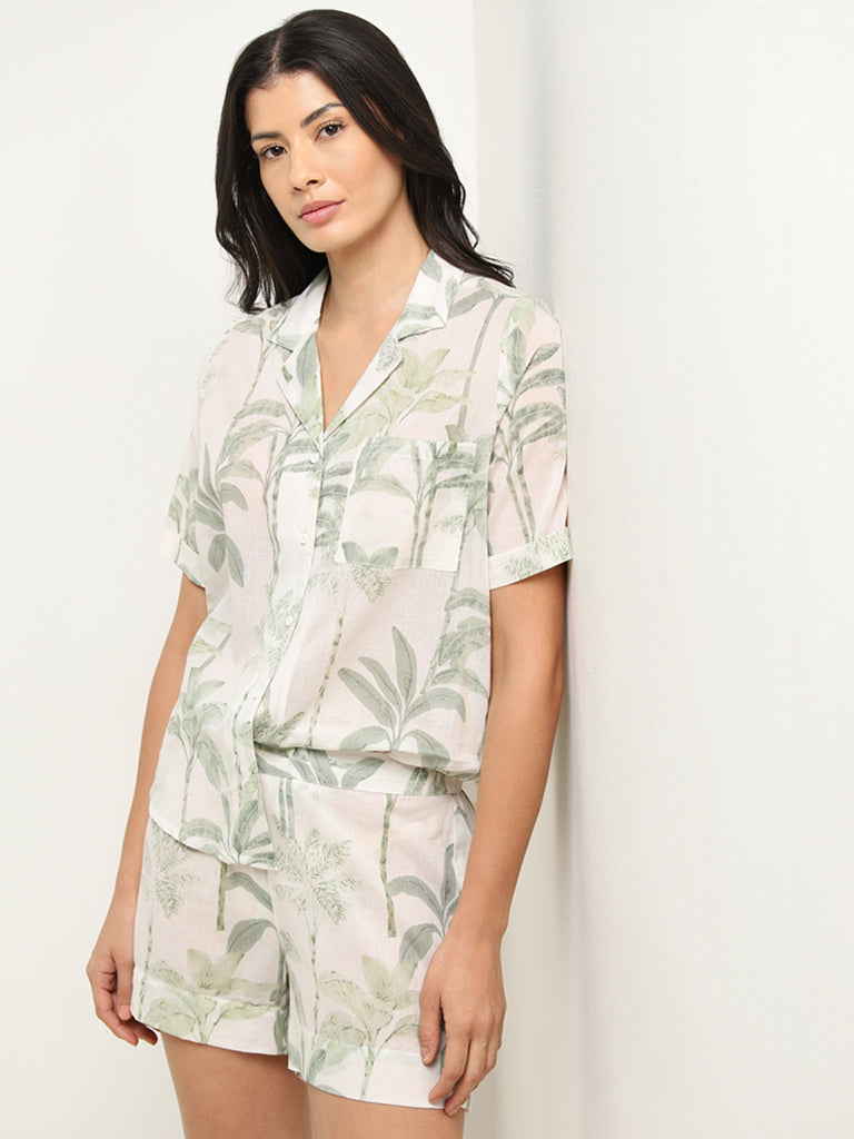 Wunderlove Sage Leaf Printed Cotton Shirt with Mid-Rise Shorts Set