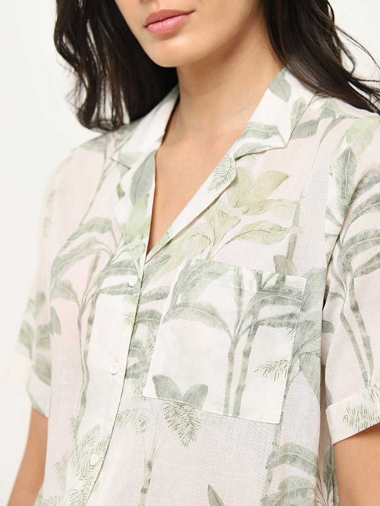 Wunderlove Sage Leaf Printed Cotton Shirt with Mid-Rise Shorts Set