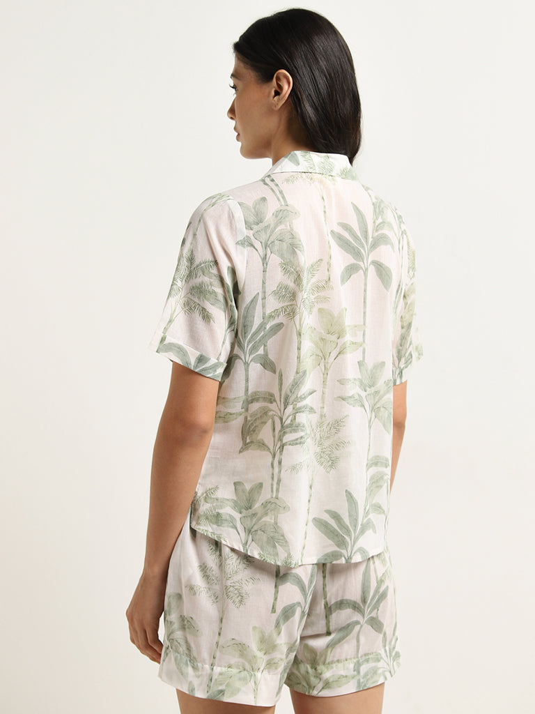 Wunderlove Sage Leaf Printed Cotton Shirt with Mid-Rise Shorts Set