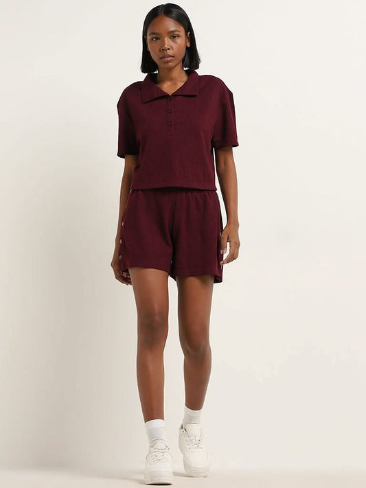 Superstar Maroon Ribbed Textured Cotton Polo T-Shirt