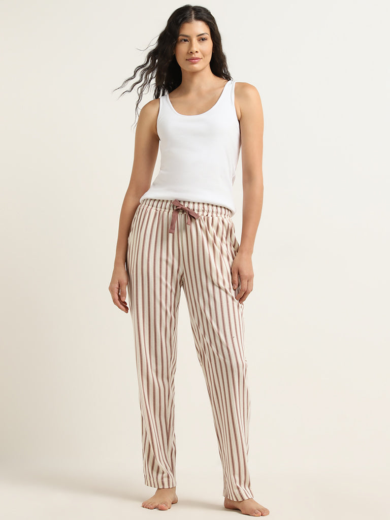 Wunderlove Beige Striped Mid-Rise Cotton Pyjamas