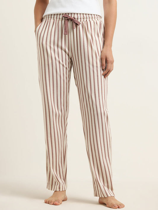 Wunderlove Beige Striped Mid-Rise Cotton Pyjamas