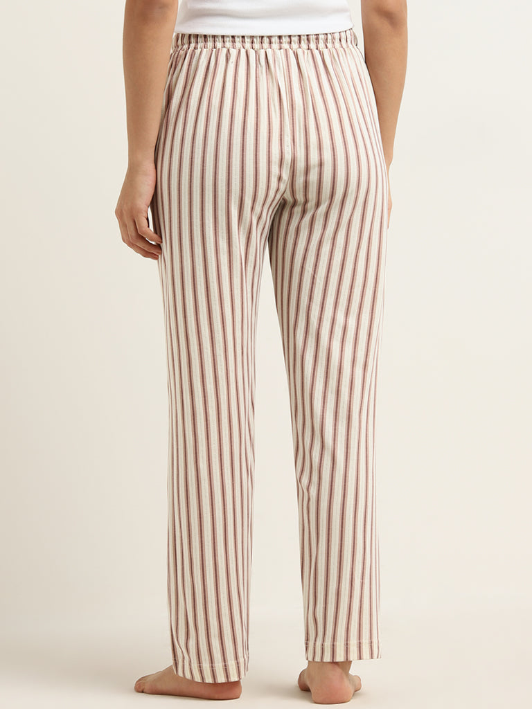 Wunderlove Beige Striped Mid-Rise Cotton Pyjamas