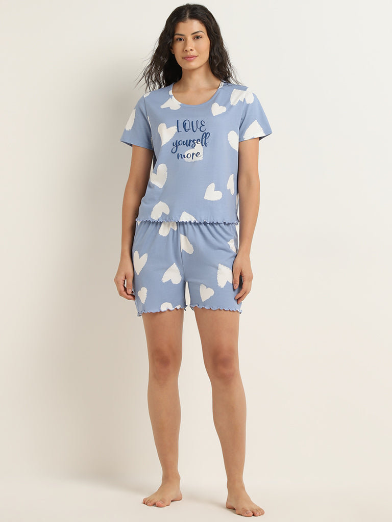 Wunderlove Dusty Blue Hearts Print Cotton Shorts Set In A Bag