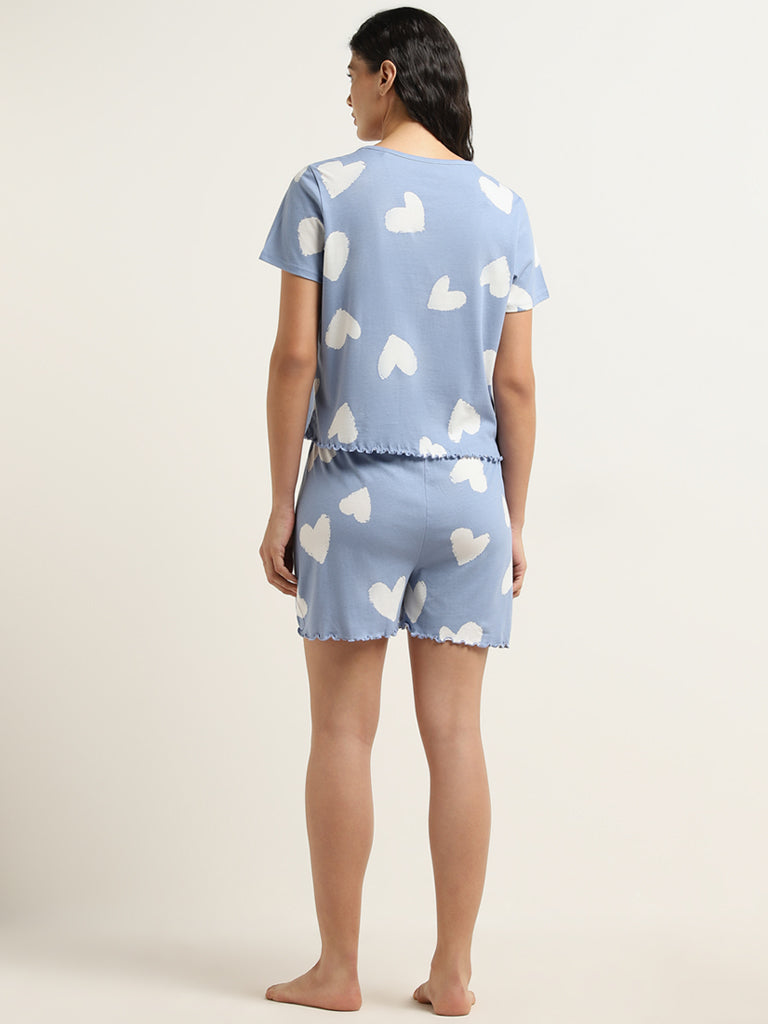 Wunderlove Dusty Blue Hearts Print Cotton Shorts Set In A Bag