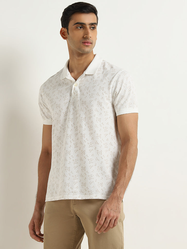 WES Casuals White Printed Relaxed-Fit Polo T-Shirt