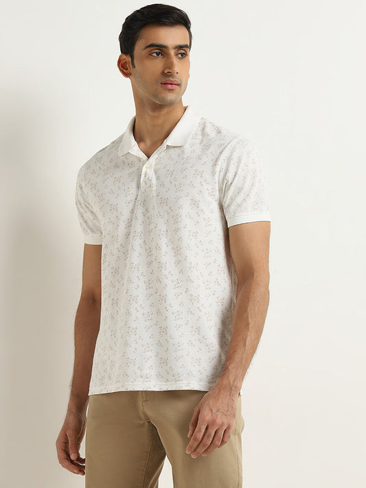 WES Casuals White Printed Relaxed-Fit Polo T-Shirt