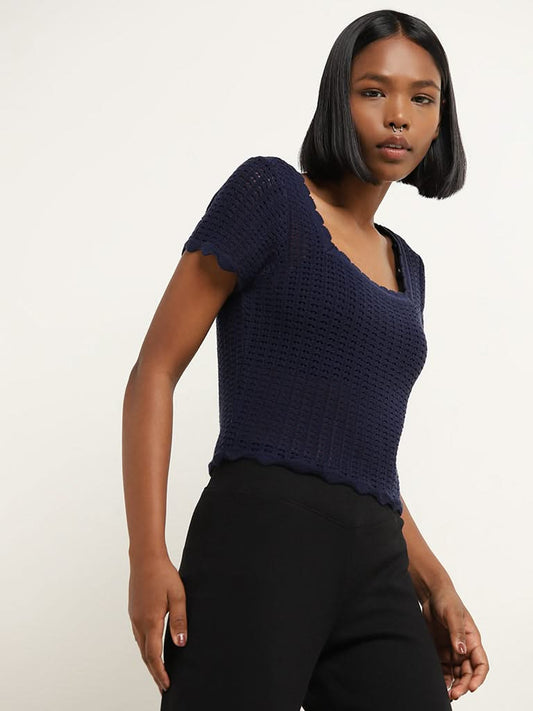 Superstar Navy Crochet Design Cotton Crop Top