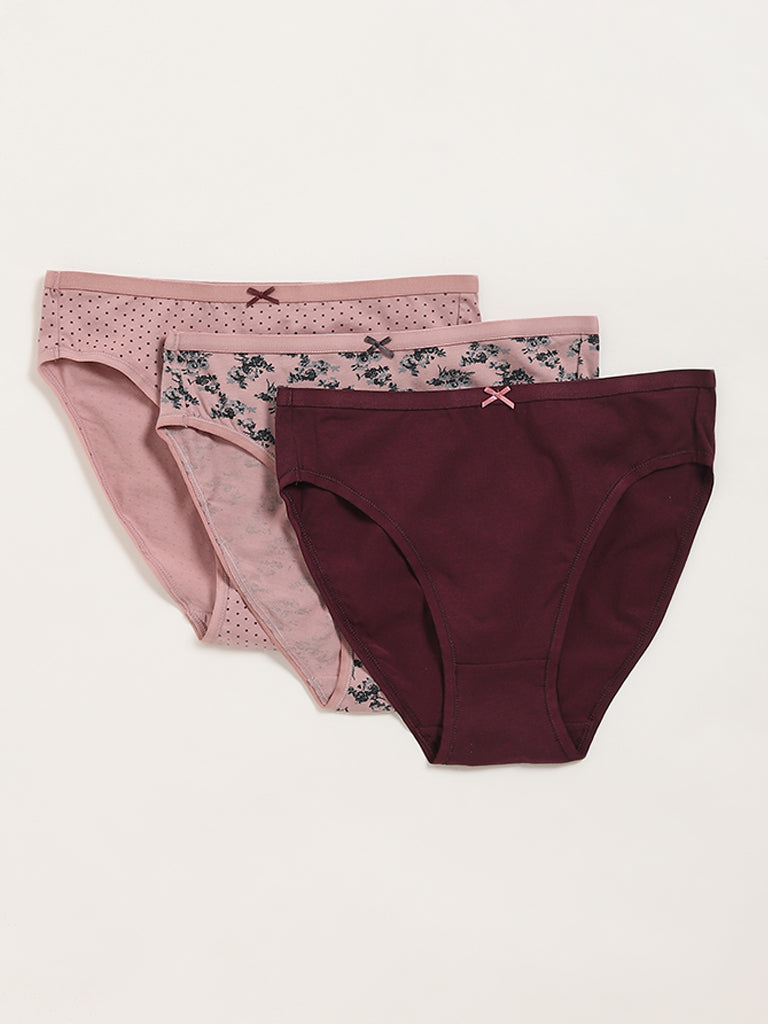 Wunderlove Burgundy Printed Cotton Blend Briefs - Pack of 3