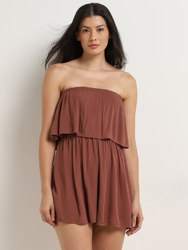 Wunderlove Brown Crinkle Texture Bandeau Jumpsuit