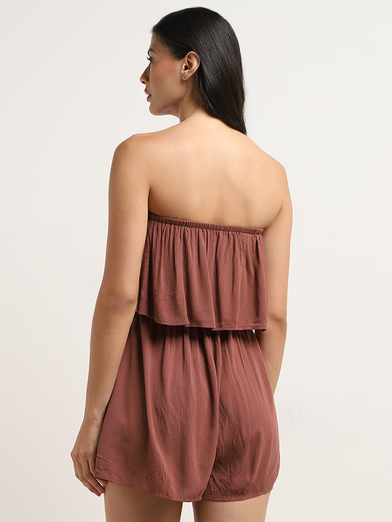 Wunderlove Brown Crinkle Texture Bandeau Jumpsuit