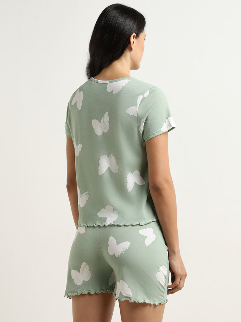 Wunderlove Green Butterfly Cotton Shorts Set In a Bag